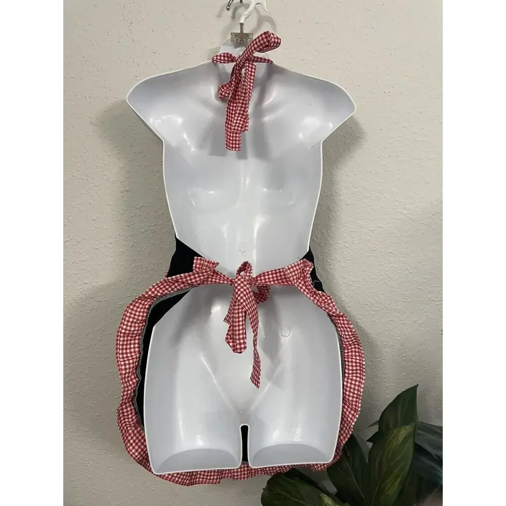 Princess Bib Apron Smock Plaid Frill Bow Pockets Maid Waitress Work